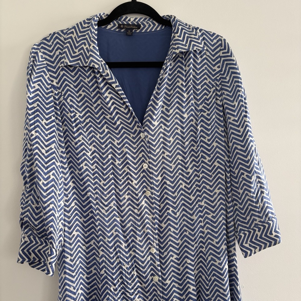 BROOKS BROTHERS Blue White 100%Silk Charmeuse Shirtdress Women's Sz10 PreppyCity - Picture 2 of 9